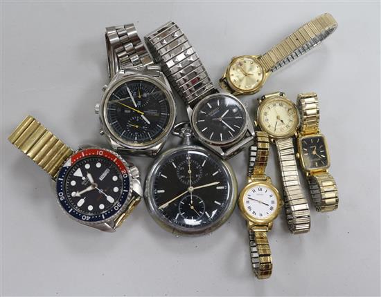 Seven assorted wrist watches including Seiko and a pocket watch.